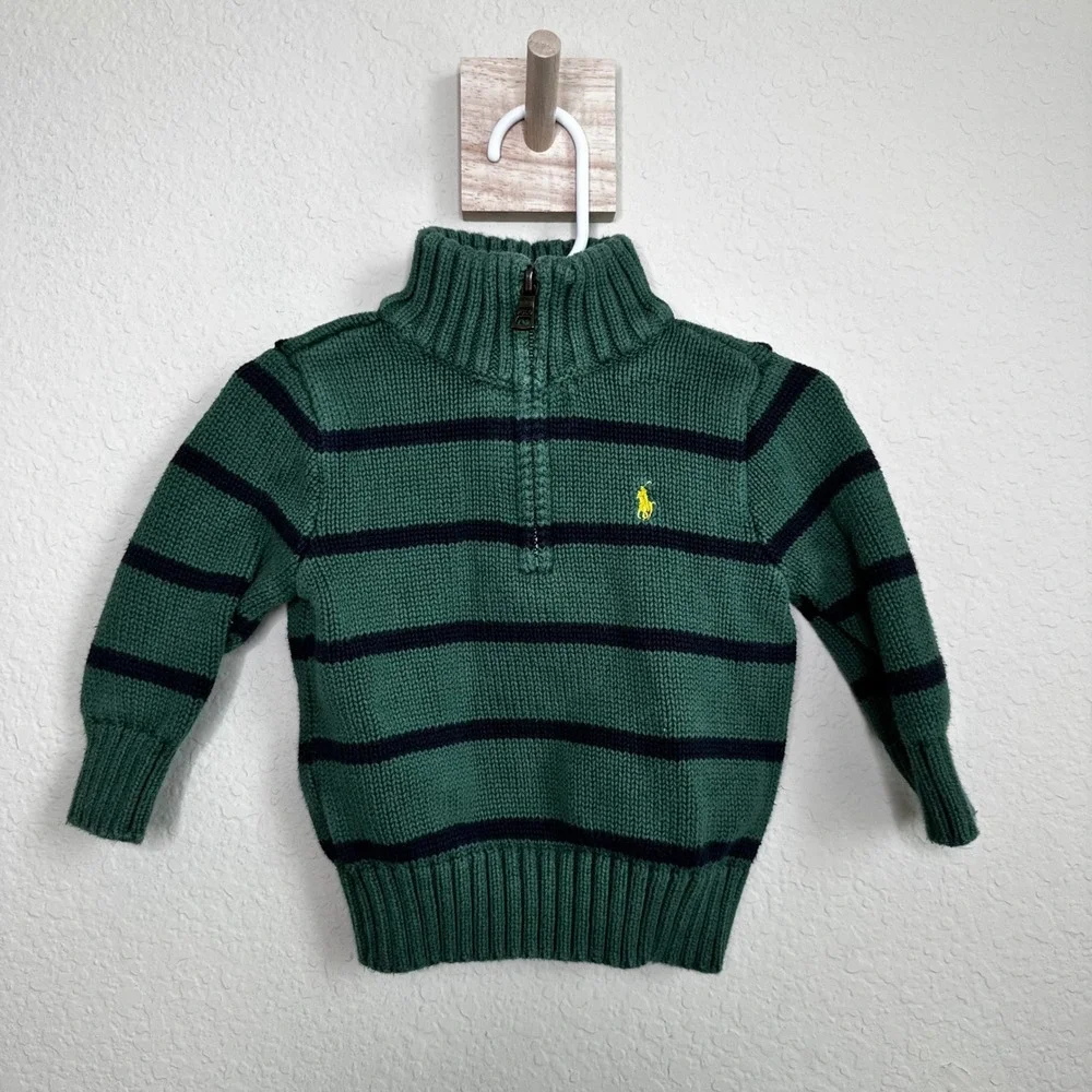 Ralph Lauren Toddler Boy 18M Green Navy Striped Quarter Zip Cotton Sweater